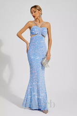 MARIAN BLUE CUTOUT SEQUINS HALTER MAXI DRESS