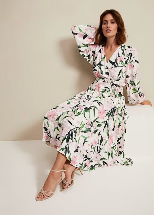 multi-coloured penny floral pleat midi dress