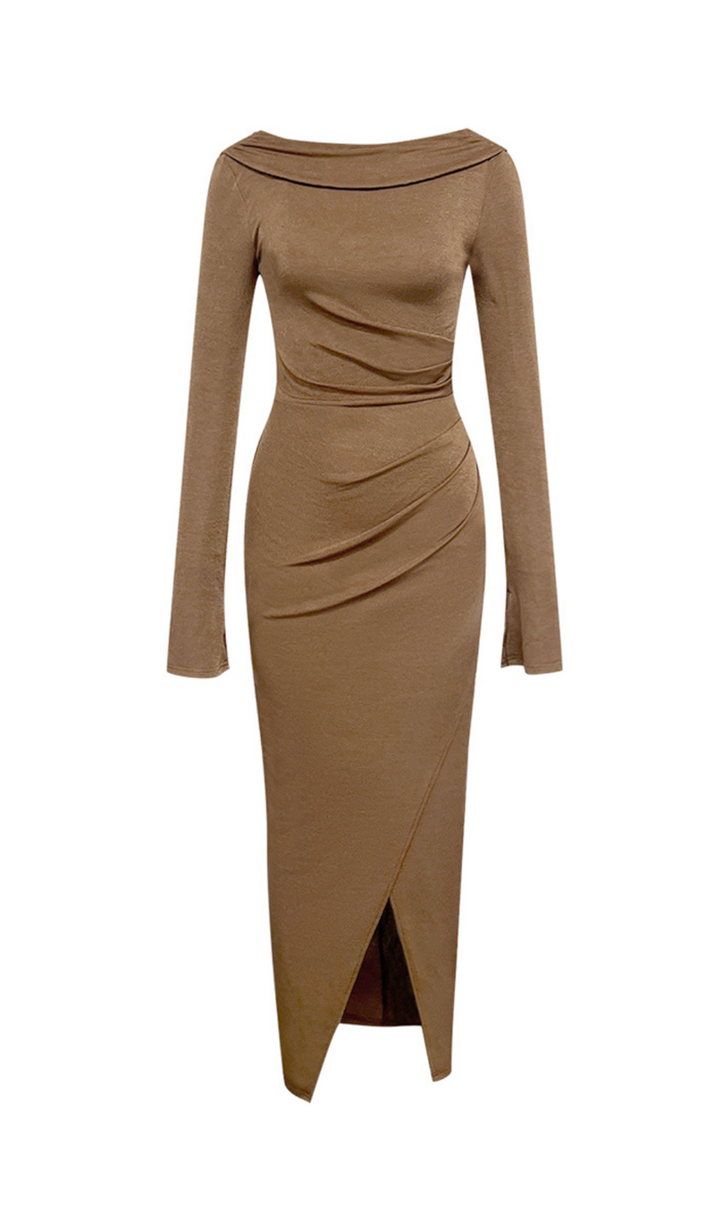 BROWN PLEATED LONG-SLEEVE SLIT MAXI DRESS