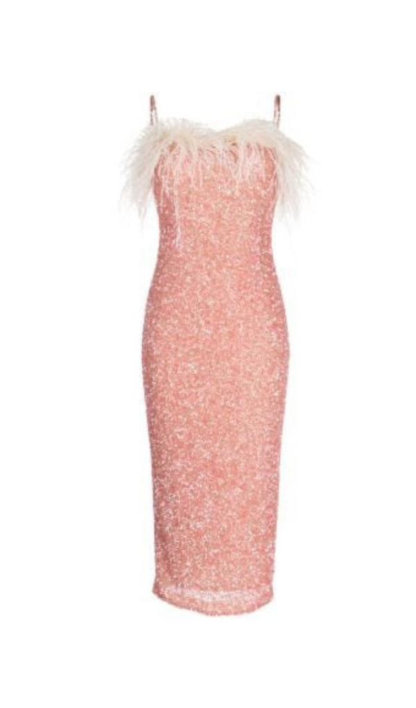PINK SEQUIN-EMBELLISHED FEATHER MIDI DRESS