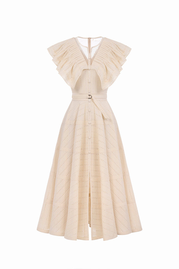 sally Ruffled V-neck midi Dress in apricot