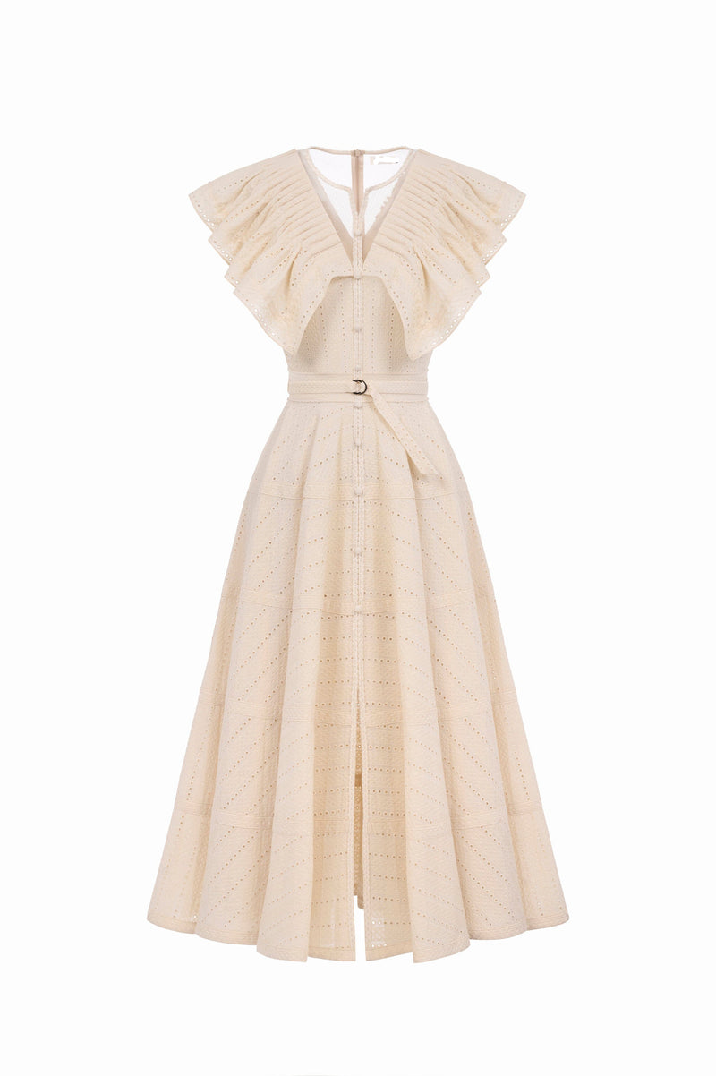 sally Ruffled V-neck midi Dress in apricot