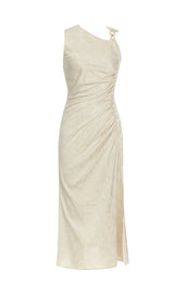 CHAMPAGNE RUCHED JACQUARD SLEEVELESS MIDI DRESS