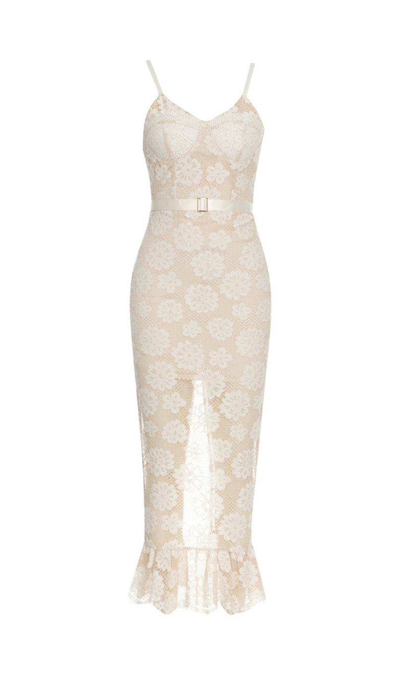 WHITE FLORAL EMBELLISHED LACE BODYCON MAXI DRESS