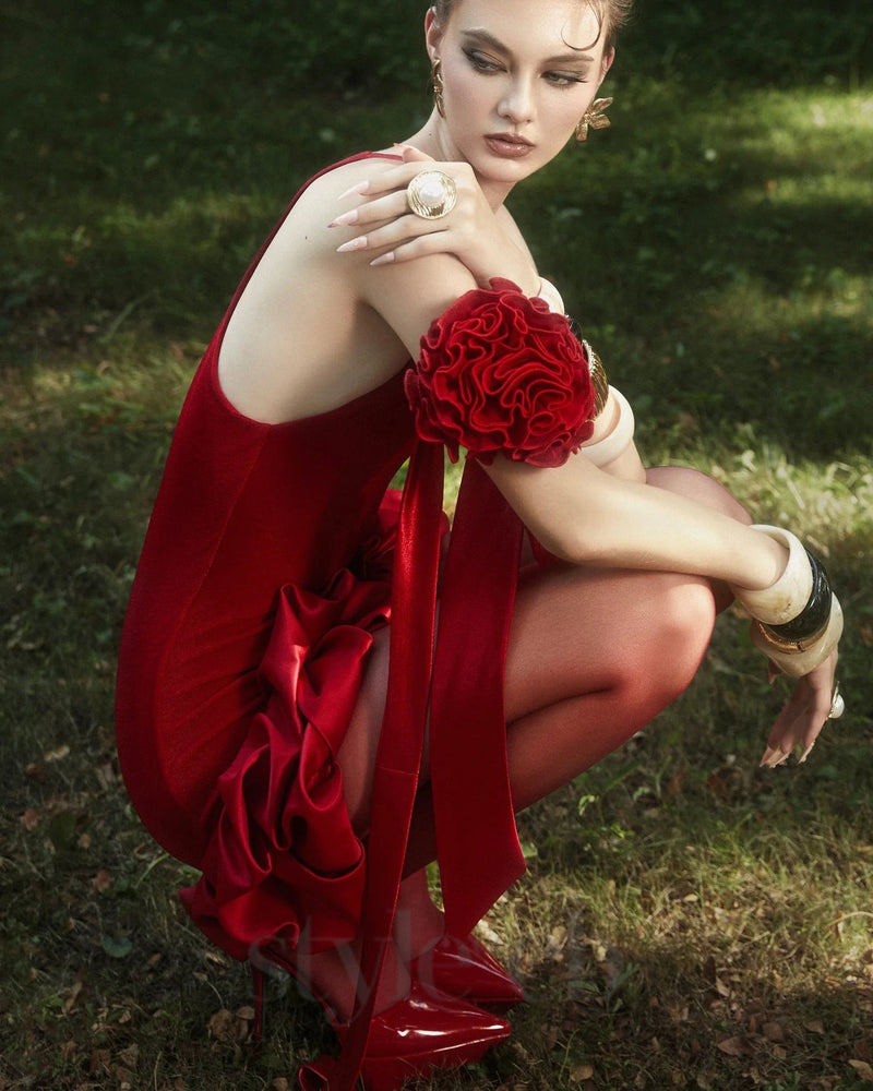 flower trim sleeveless mini dress in red