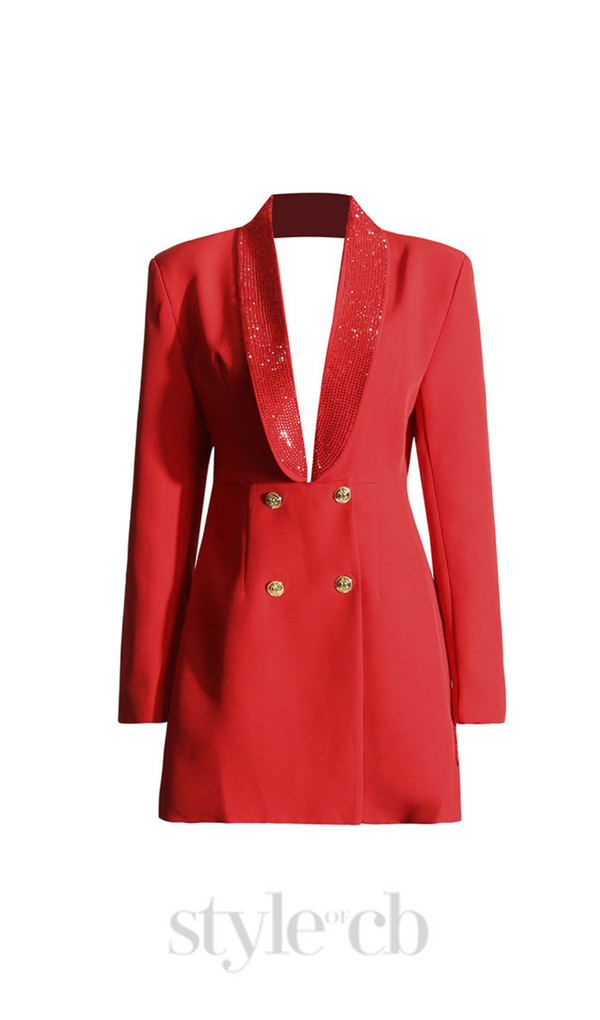 GEORGIA RHINESTONE BUTTON BACKLESS BLAZER IN RED