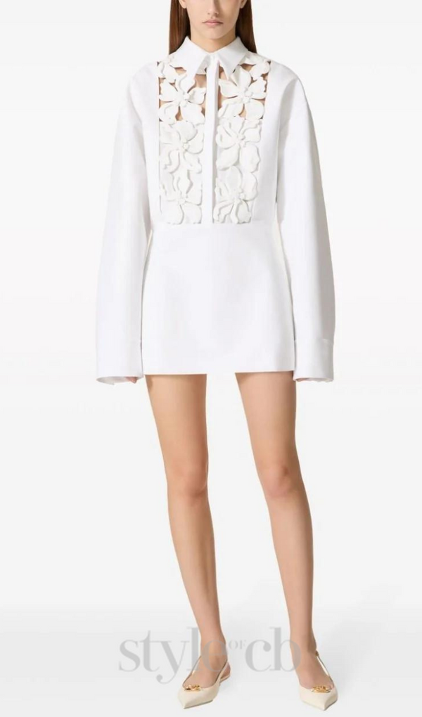 ETHEL FLORAL CUTOUT LONG SLEEVES SHIRT DRESS IN WHITE