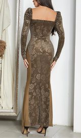 LOW-CUT SQUARE NECK LONG-SLEEVED PLEATED PRINTED LACE MAXI DRESS