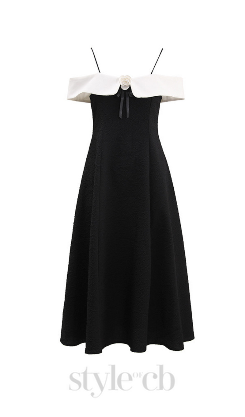 ATALANTA TEXTURED PLEATED SUSPENDER DRESS IN BLACK