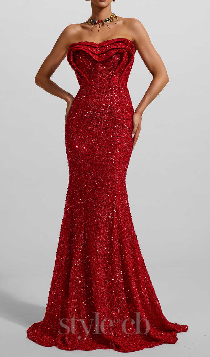 HELOISE RED SEQUIN STRAPLESS LARGE HEMLINE MAXI DRESS