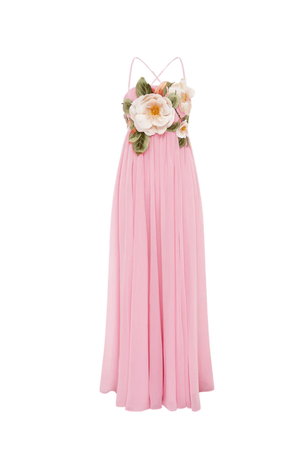 joann Appliqué Camellia Floral Maxi Dress in pink