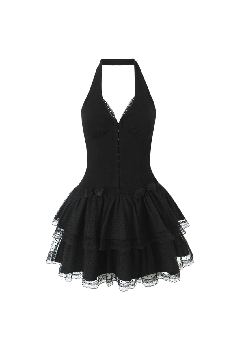 gina Mesh Halter Neck Corset Mini Dress in black
