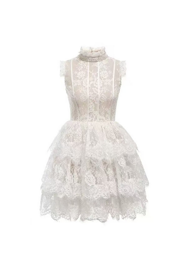 Sleeveless Stand Collar Lace Tutu mini dress in white