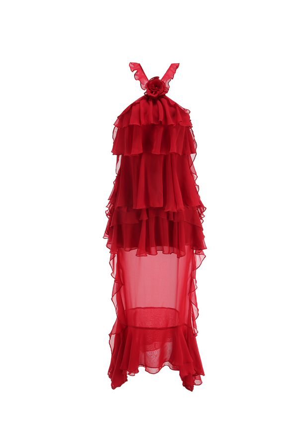 eunice Floral Halter Chiffon Ruffle Midi Dress in red