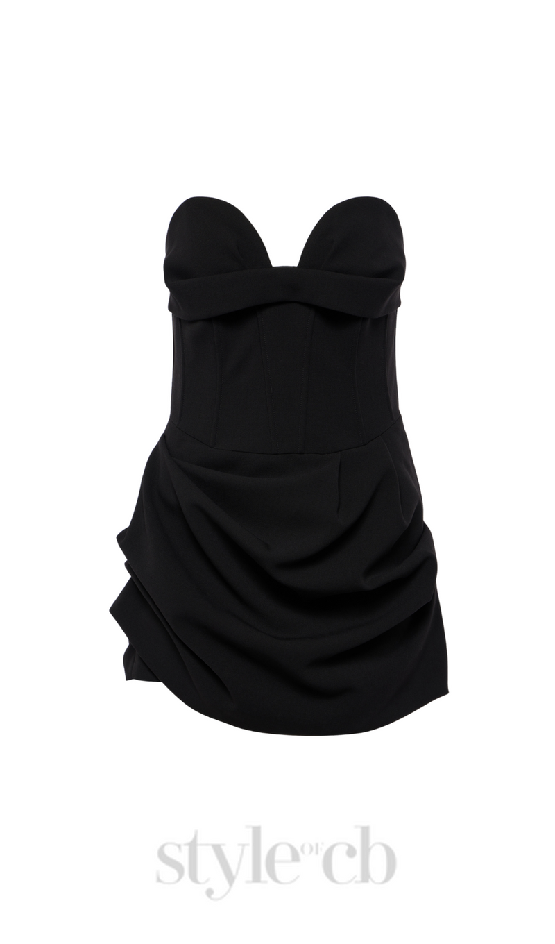 GRISELDA DRAPED WOOL-BLEND BUSTIER MINI DRESS IN BLACK