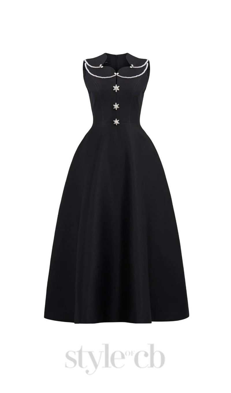 PEARL EMBELLISHED A LINE MIDI DRESS IN BLACK