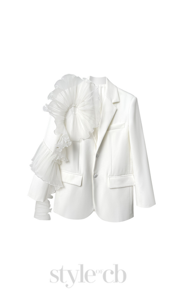 POLLY RUFFLE DETAIL LONG SLEEVE BLAZER IN WHITE