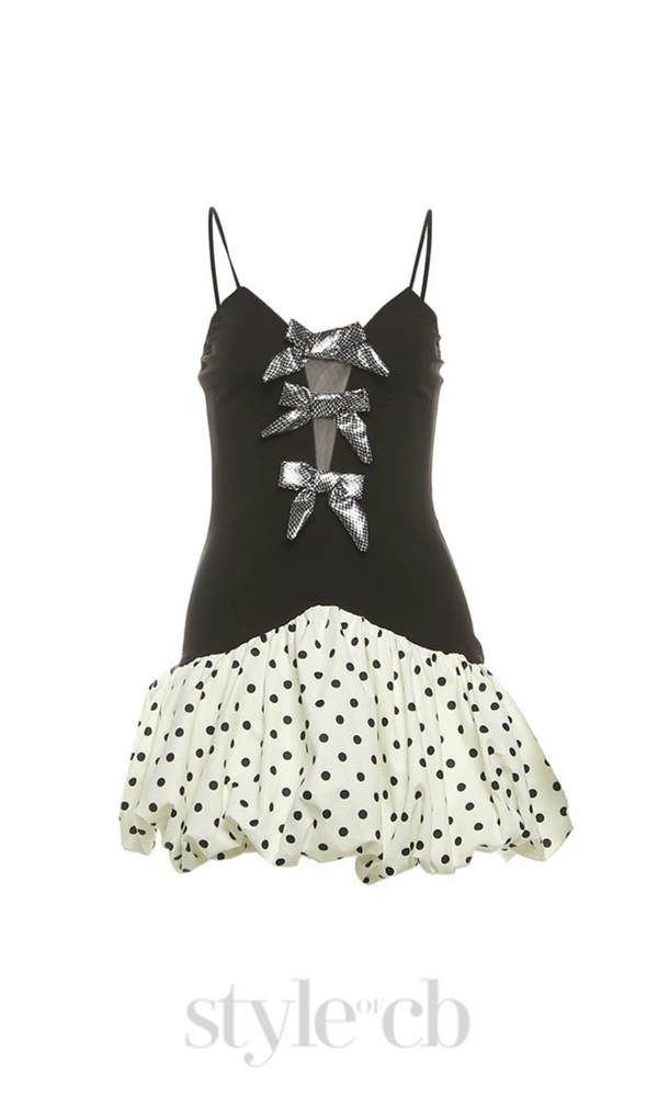 bow polka dot patchwork mini dress in black