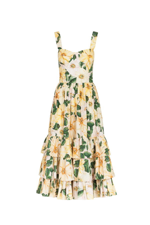 Camellia-print poplin midi dress in yellow