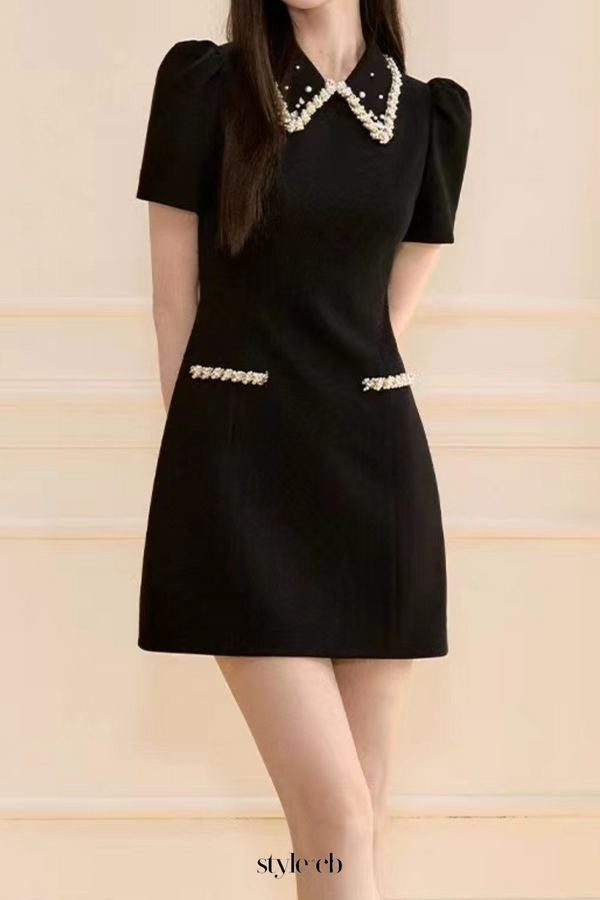 pearl embellished gold chain puff mini dress in black