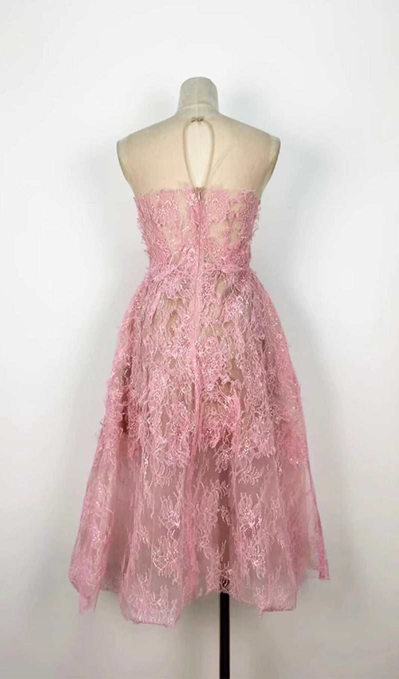 PINK FLORAL LACE EMBROIDER MIDI DRESS