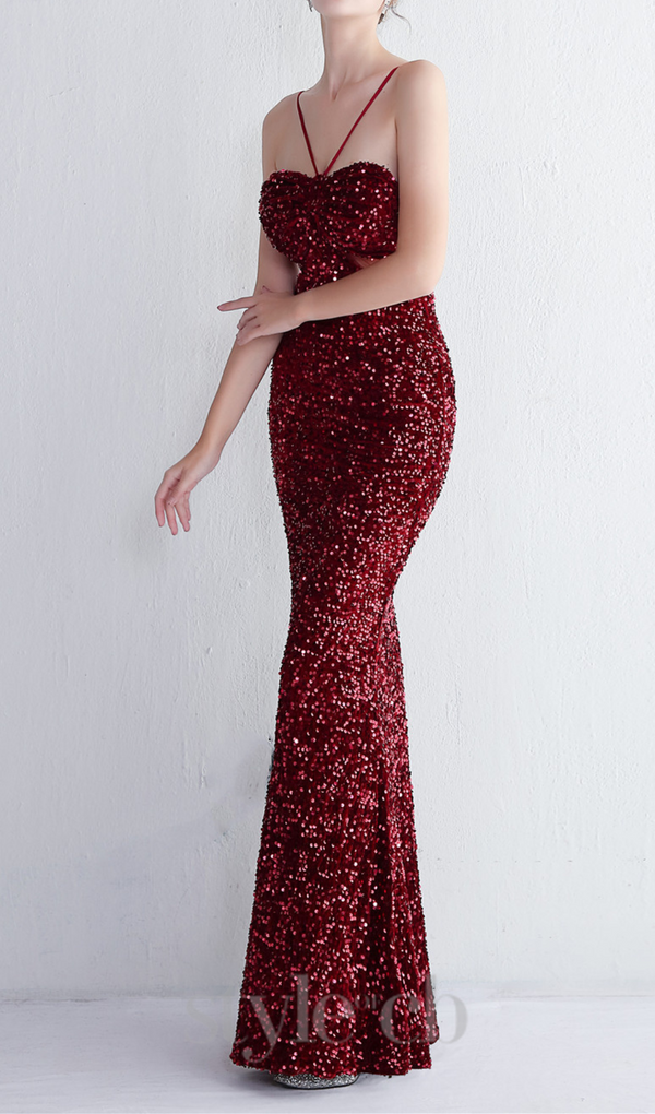 MARIAN BURGUNDY CUTOUT SEQUINS HALTER MAXI DRESS