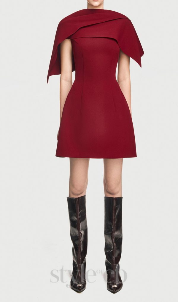 A-line burgundy mini dress with asymmetrical shoulder pleat