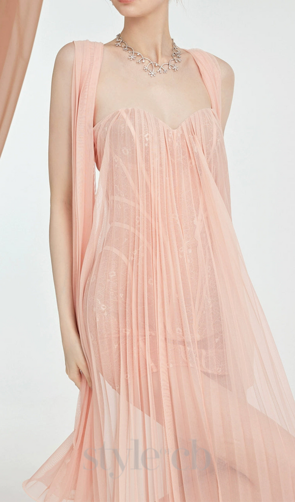 Thea Strapless Mesh Backless maxi Dress in pink