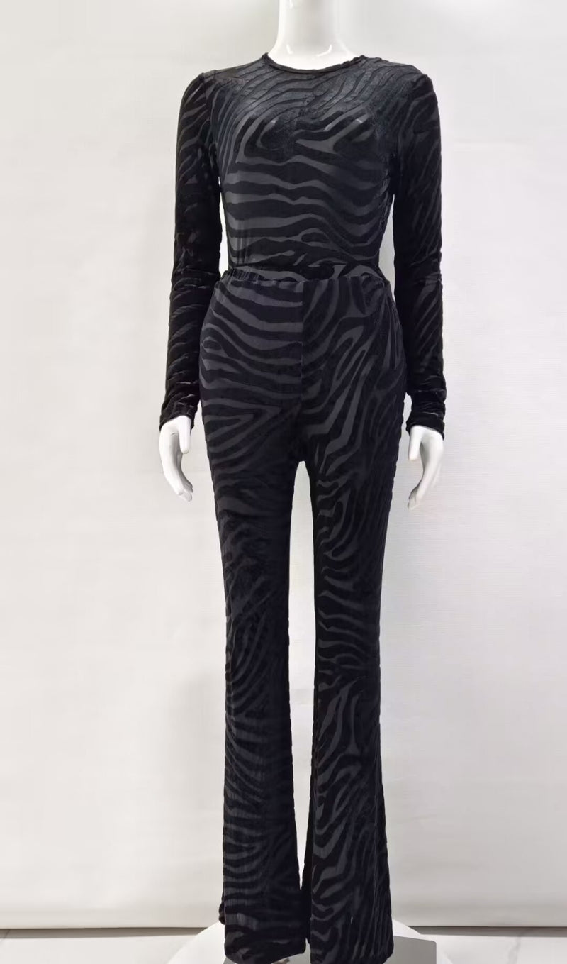 ZEBRA PRINT SHEER CARVED VELVET JUMPSUIT SET