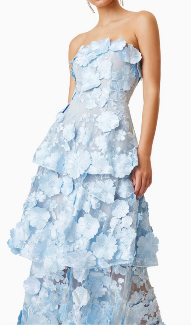 Selene 3D flower Tiered Maxi Dress In Blue