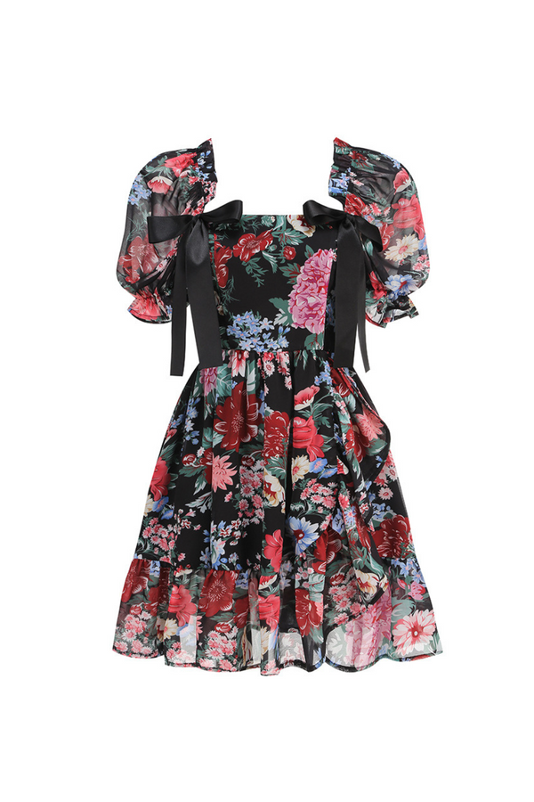 basia floral print ruffle trim hem puff mini dress