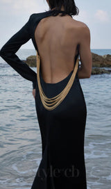 ANGELOU BLACK BACKLESS CHAIN MAXI DRESS