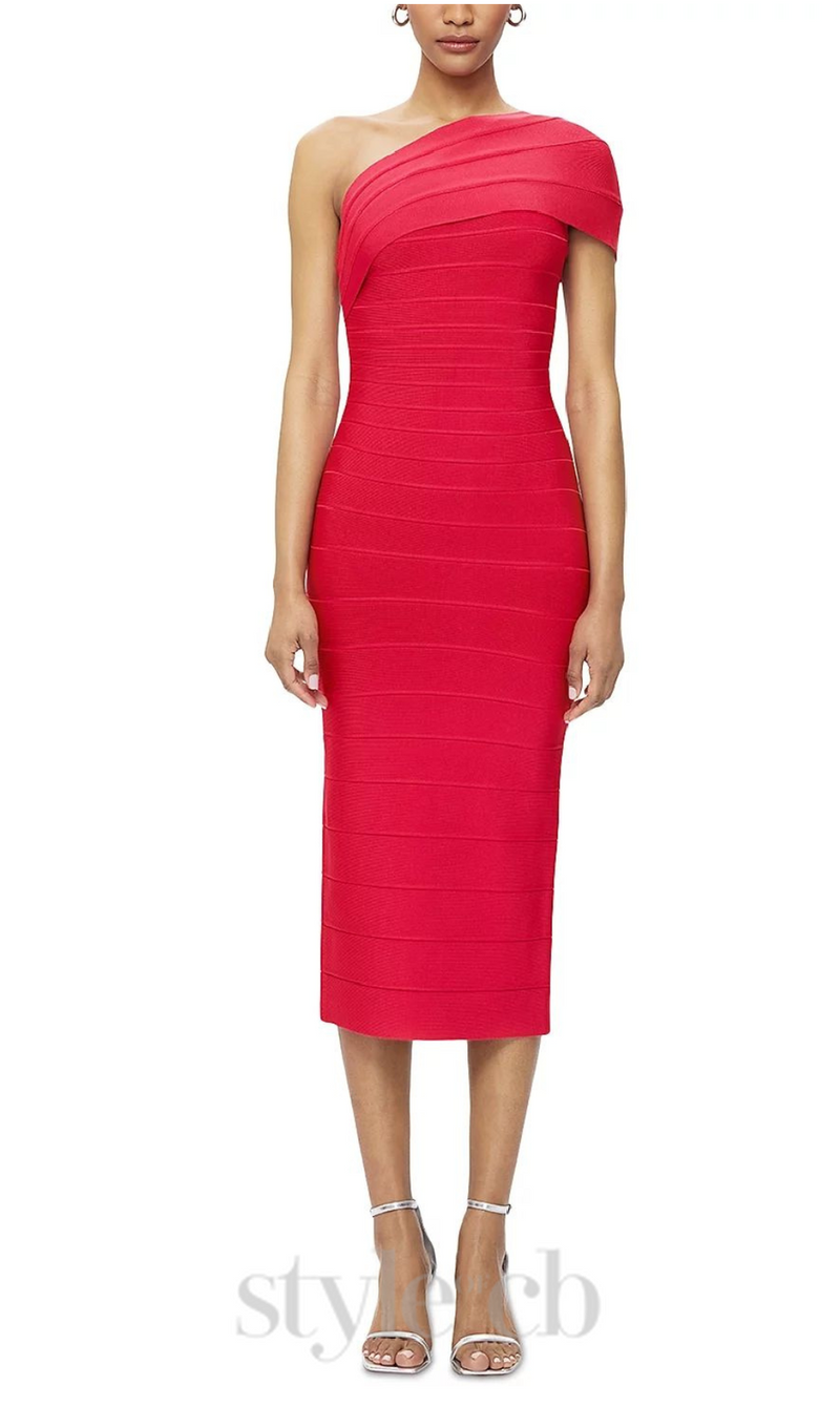 Abigail one-shoulder bandage midi Dress in rio red