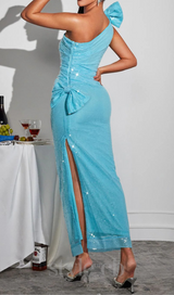 One Shoulder Bow Sequin Maxi Dress in blue