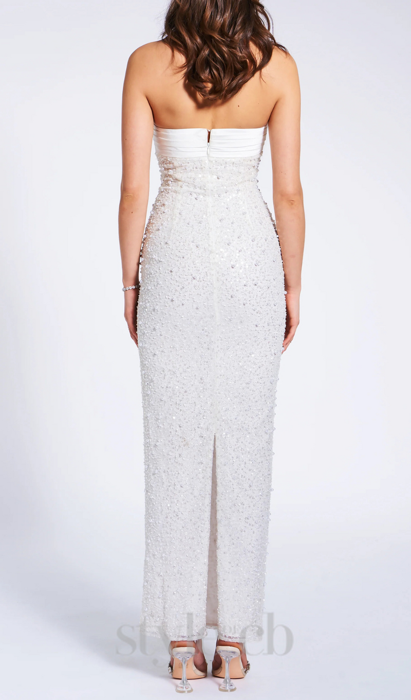 WHITE SATIN SEQUIN PEARLS BEADED MAXI DRESS