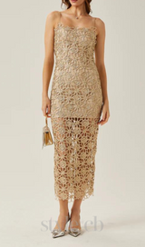 AGNES GOLD LACE CROCHET CUTOUT MIDI DRESS