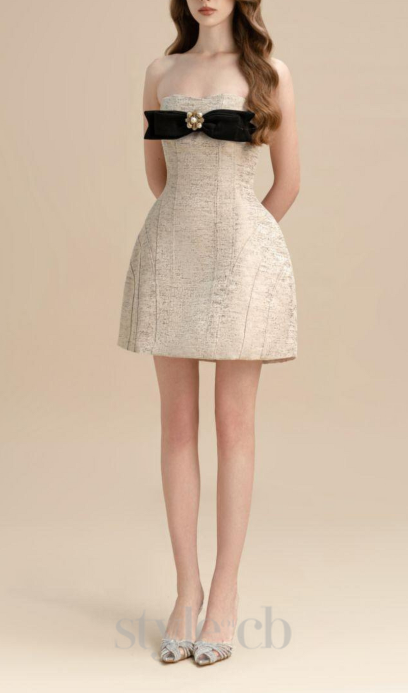 TINA STRAPLESS BOW JACQUARD MINI DRESS IN PINK BEIGE