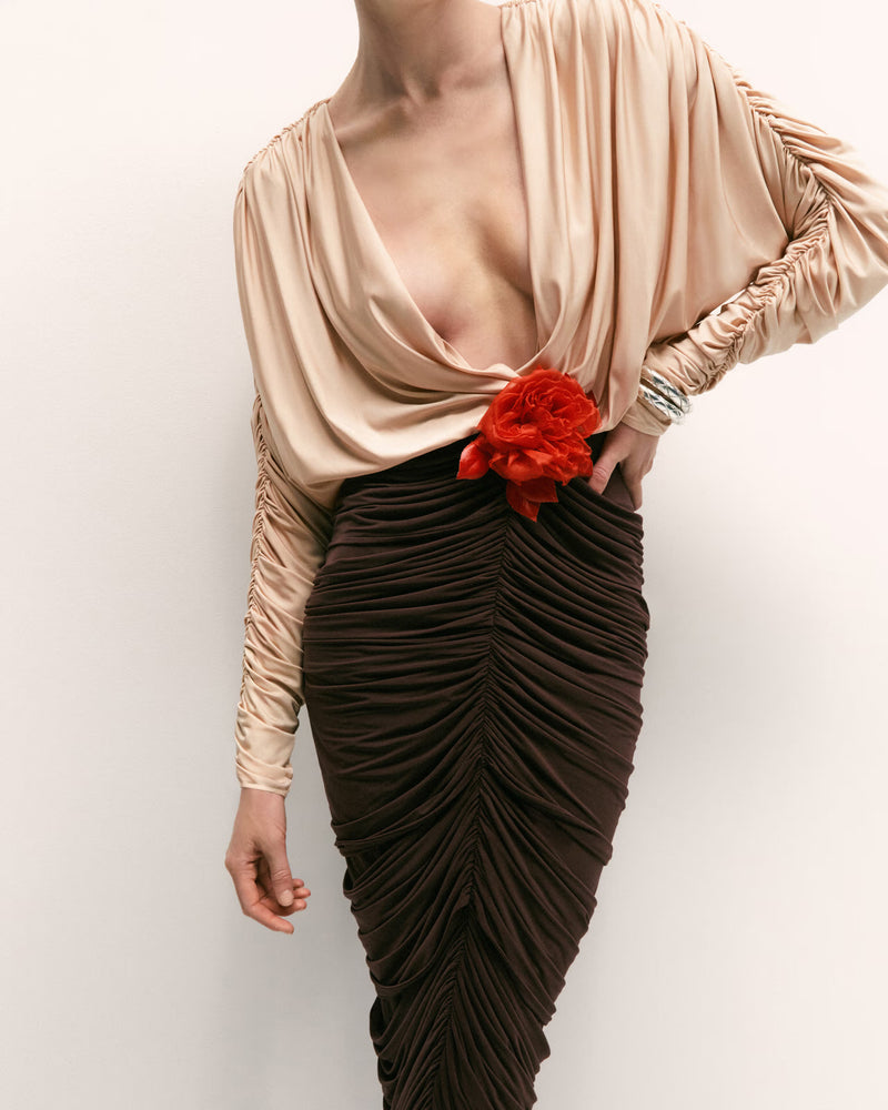 Long Sleeve Two-Tone pleated Midi Dress in Brown