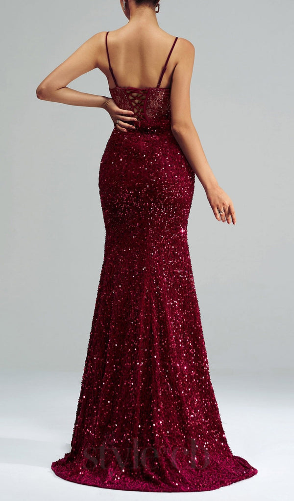 lace corset sequin maxi dress in red