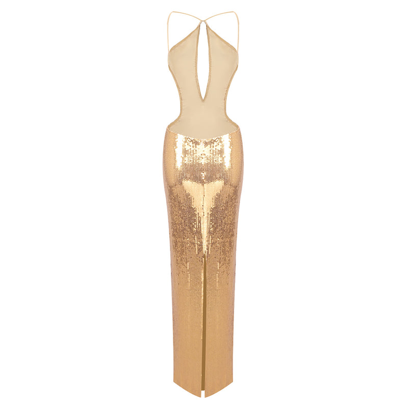 sequin hollow bodycon maxi dress in gold