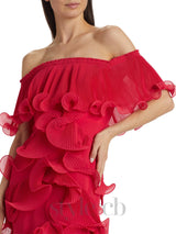 DORA ROSE RED OFF-SHOULDER PLEATED ORGANZA MAXI DRESS