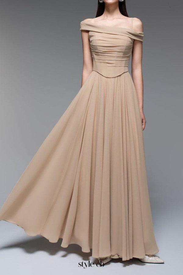 A-line Draped Chiffon maxi Dress in nude