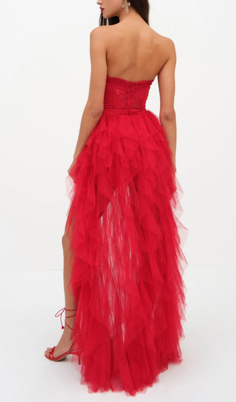 RED STRAPLESS LACE PATCHWORK MESH MAXI DRESS
