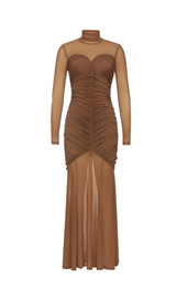 BROWN FIGURE-HUGGING RUCHED MAXI DRESS