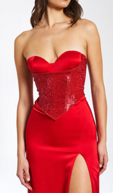 RED CRYSTAL HIGH SLIT SATIN CORSET GOWN
