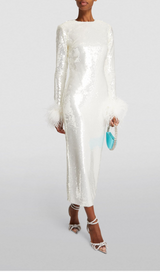 LONG SLEEVE FEATHER SEQUINNED MIDI DRESS