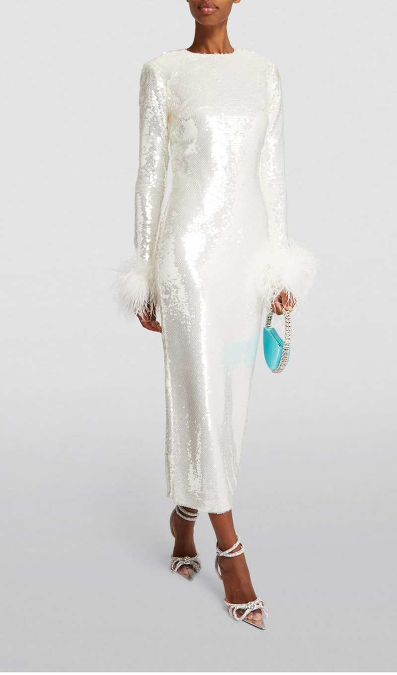 LONG SLEEVE FEATHER SEQUINNED MIDI DRESS