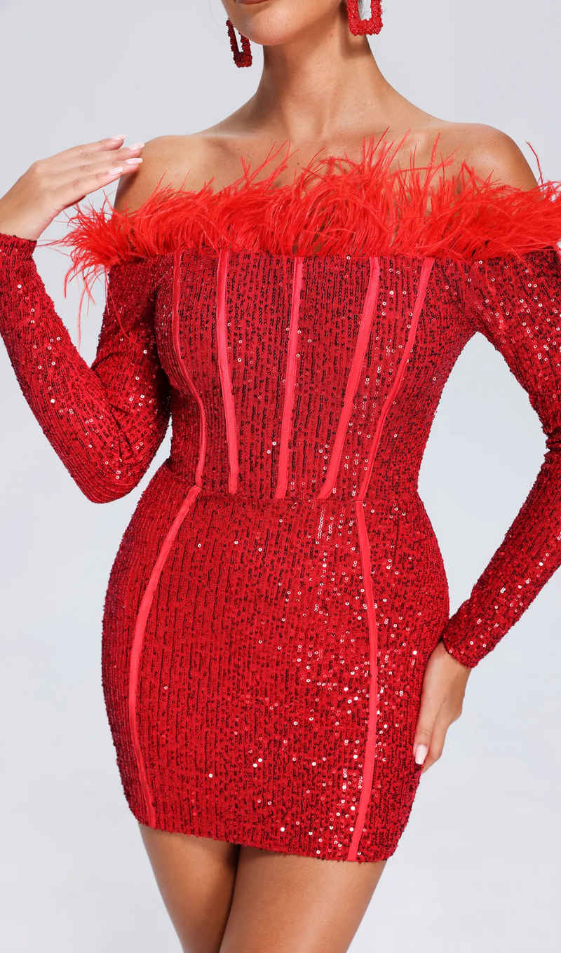 RED LONG SLEEVE FEATHERS SEQUIN DRESS