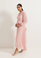 lantern sleeve pleated maxi dress in pale pink