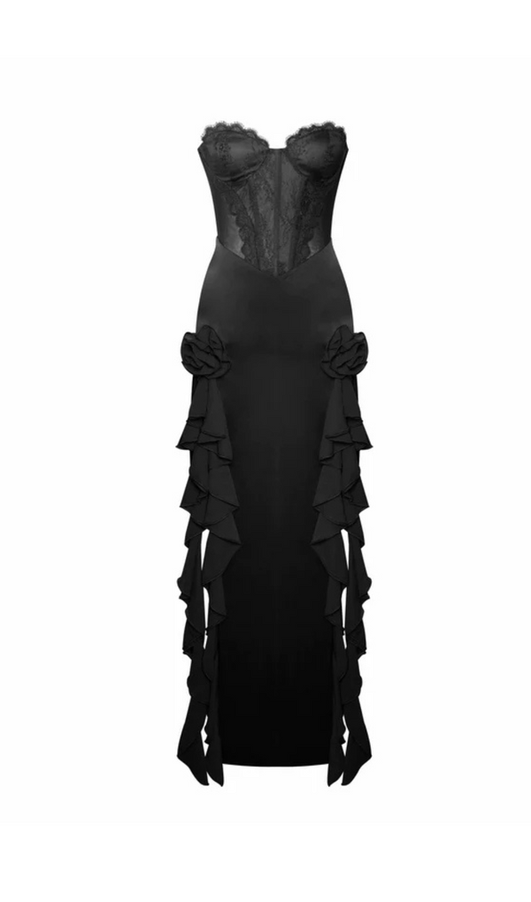 BLACK SATIN LACE CORSET MAXI DRESS